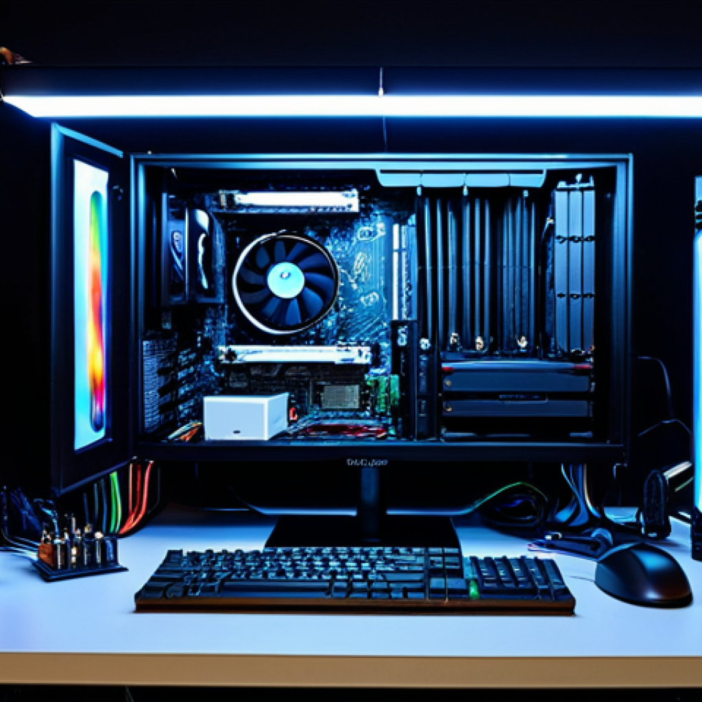 The Modder's Dream**
A well-lit, organized workspace showcasing a custom PC build in progress. A partially assembled computer case with vibrant RGB lighting is the focus. Around it are various PC components: a high-end graphics card (GeForce RTX or Radeon RX), liquid cooling system parts, neatly arranged cables, and modding tools (screwdrivers, pliers, cable ties). The overall aesthetic is clean, modern, and slightly "gamer" oriented. Safe for work, appropriate content, fully clothed (no people depicted), professional, showcasing the beauty of PC hardware. Perfect anatomy of the computer components, correct proportions, natural arrangement. High-quality render, photorealistic.
**