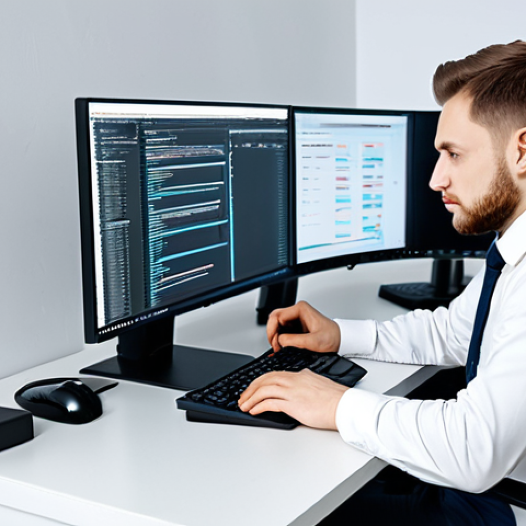 **
A professional IT specialist, fully clothed in a modest button-down shirt and slacks, working at a brightly lit desk in a modern, minimalist Moscow office. Multiple monitors display lines of code. Safe for work, appropriate content, perfect anatomy, correct proportions, natural pose, well-formed hands, proper finger count, professional environment.
**