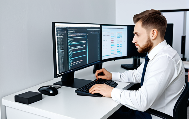 **
A professional IT specialist, fully clothed in a modest button-down shirt and slacks, working at a brightly lit desk in a modern, minimalist Moscow office. Multiple monitors display lines of code. Safe for work, appropriate content, perfect anatomy, correct proportions, natural pose, well-formed hands, proper finger count, professional environment.
**