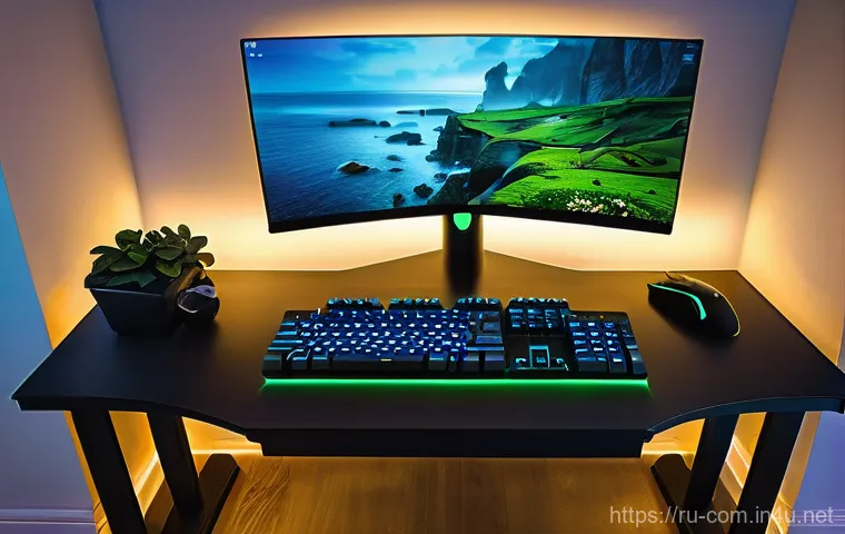 게이밍 노트북과 데스크톱 비교 - **Prompt 1: "A serene and meticulously organized high-end gaming desktop setup in a modern, well-lit...